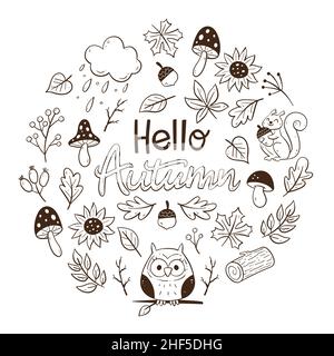 Hand drawn autumn card with seasonal leaves, twigs, mushrooms and little forest animals. Doodle vector illustration with isolated elements. Stock Vector