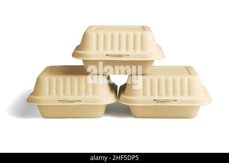 Stack of Three Burger Boxes on white Background Stock Photo