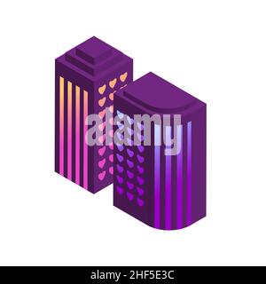 City of love, neon isometric building icon. Design for website, application. Modern isometric style. Love concept, valentine s day Stock Vector