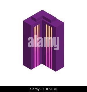 Isometric icon with modern neon skyscraper building on white background - 3d vector illustration Stock Vector