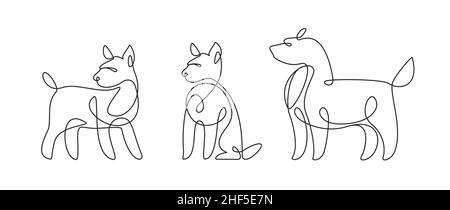 Dog set in modern one line style. Continuous line drawing, outline for pet shop. Vector illustration Stock Vector