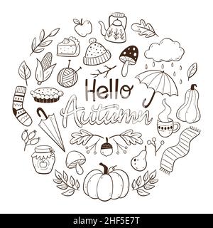 Hand drawn autumn card with seasonal elements. Warm clothes, pumpkings, apple pie, leaves and twigs. Doodle vector illustration with isolated elements Stock Vector
