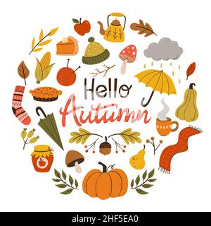 Colorful autumn card with seasonal elements. Warm clothes, pumpkins, apple pie, leaves and twigs. Hand drawn vector illustration with isolated elemen Stock Vector