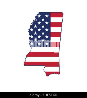 mississippi MS state map shape with USA united states of america flag vector isolated on white background Stock Vector