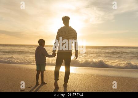 Full length rear view of biracial father and son holding hands while looking at sunset over sea Stock Photo