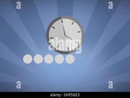 Clock icon and five grey dots against blue radial background Stock Photo