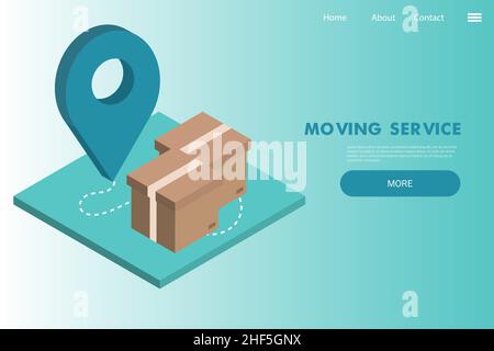 Moving house services - vector web banner with cardboard box -isometric art illustration on blue background. Startup landing page Stock Vector