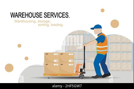 Warehouse services. Warehousing, storage, sorting, loading of goods. The worker-loader transports the goods with the help of a manual hydraulic trolle Stock Vector