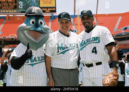 Secretary Mel Martinez in Miami Florida with Billy the Marlin and Lyle Mouton. Stock Photo