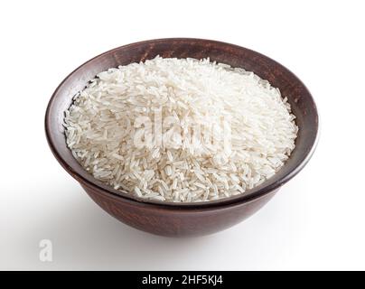 Uncooked jasmine rice in ceramic bowl isolated on white background with clipping path Stock Photo