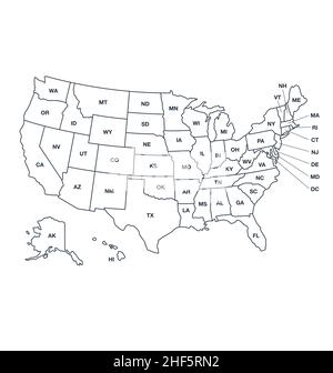 accurate correct usa map with states labeled political electoral codes vector isolated on white background Stock Vector