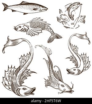 Various illustrated retro vintage antique fish set vector isolated on white background Stock Vector
