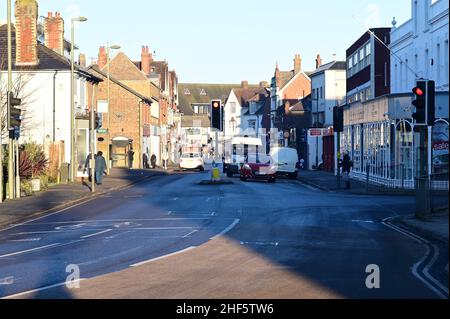 Victoria Road in Horley on cold bright winters morning on 14 jan 2022. Stock Photo