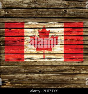 Accurate correct canada canadian flag on old rustic timber wood wall vector background illustration Stock Vector