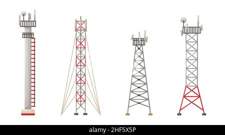 Vector set of illustrations of different constructions of cellular towers. 5G, 4g signal distribution. The Internet. Modern technologies Stock Vector
