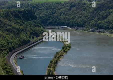 The view from above of the Loreley rocks the Rhine and the federal highway 42 near Sankt Goarhausen Stock Photo