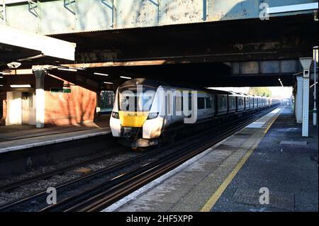 A class 700 locomotive at Horley railway station in Surrey on January 14 2022 on a cold winters morning. Stock Photo