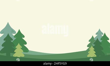 Simple green spring background with firs and place for text. Horizontal frame, kids style. Vector backdrop template. Stock Vector