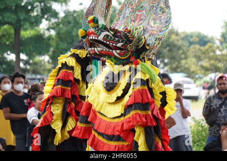 The artist performing Jaranan music dancers and playing a traditional instrument. Jaranan (kuda lumping, kuda kepang) is dance from java Stock Photo