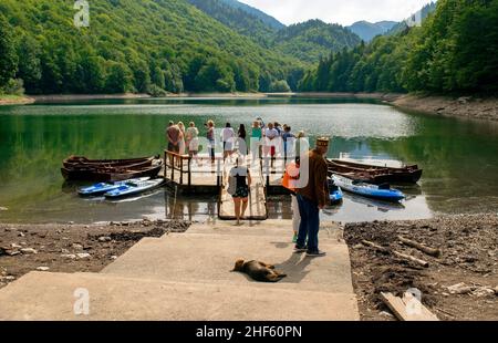 Montenegro - Budva: September 8, 2021: Biogradska National park with many tourists and Lake Biograd with wooden dock in a natural rain forest Stock Photo