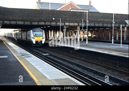 A class 700 locomotive at Horley railway station in Surrey on January 14 2022 on a cold winters morning. Stock Photo