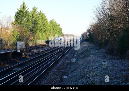 A class 700 locomotive at Horley railway station in Surrey on January 14 2022 on a cold winters morning. Stock Photo