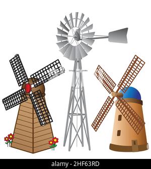 3 various windmill designs dutch and Australian vector illustrations isolated on white background Stock Vector