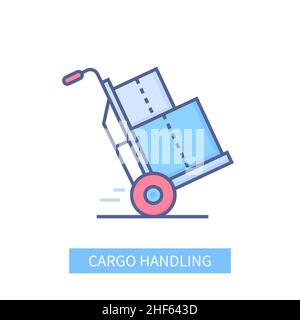 Cargo handling - modern colored line design style icon on white background. Neat detailed image of trolley on wheels with two boxes on top. Transporta Stock Vector