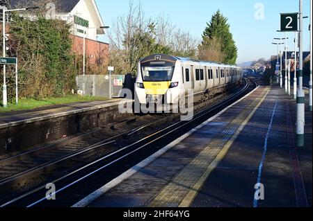 A class 700 locomotive at Horley railway station in Surrey on January 14 2022 on a cold winters morning. Stock Photo