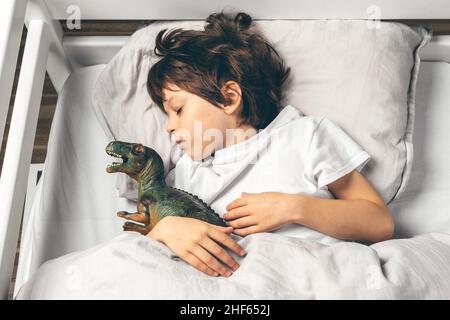 Cute 6 year old boy is sleeping in his bed with a toy dinosaur Stock Photo