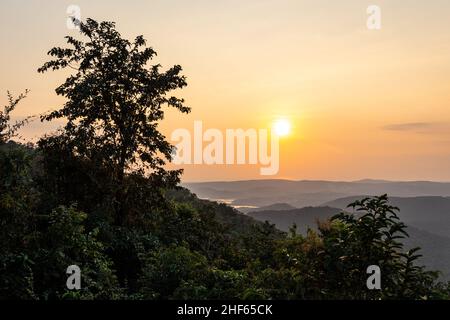 Magnificent view of sunset from Shri Siddhanath Temple in Borim, Ponda, Goa. Zuari river can be seen at a distance. Stock Photo