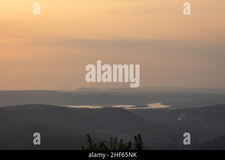 Magnificent view of sunset from Shri Siddhanath Temple in Borim, Ponda, Goa. Zuari river can be seen at a distance. Stock Photo