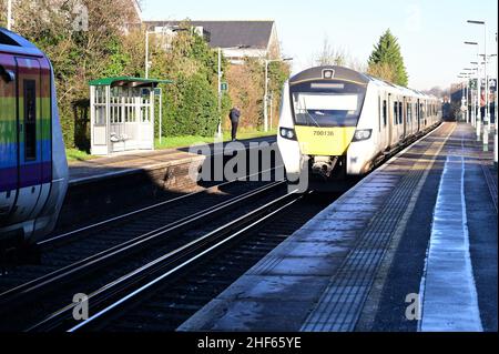 A class 700 locomotive at Horley railway station in Surrey on January 14 2022 on a cold winters morning. Stock Photo