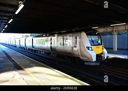 A class 700 locomotive at Horley railway station in Surrey on January 14 2022 on a cold winters morning. Stock Photo