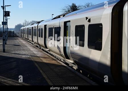 A class 700 locomotive at Horley railway station in Surrey on January 14 2022 on a cold winters morning. Stock Photo