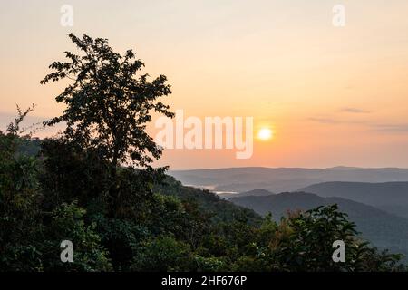 Magnificent view of sunset from Shri Siddhanath Temple in Borim, Ponda, Goa. Zuari river can be seen at a distance. Stock Photo