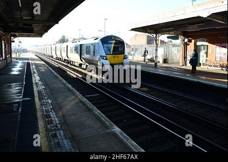 A class 700 locomotive at Horley railway station in Surrey on January 14 2022 on a cold winters morning. Stock Photo