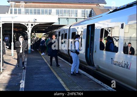 A class 700 locomotive at Horley railway station in Surrey on January 14 2022 on a cold winters morning. Stock Photo