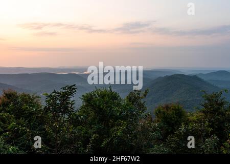 Magnificent view of sunset from Shri Siddhanath Temple in Borim, Ponda, Goa. Zuari river can be seen at a distance. Stock Photo