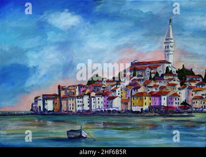 Acrylic Painting of Rovinj Istria Croatia. With sea sky and Cathedral. Stock Photo