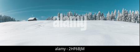 Snowy landscape with a log cabin and fir forest Stock Photo