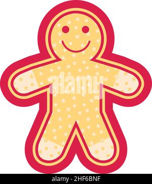 Christmas geingerbread man. Christmas sticker vector illustration. Green beige pink label with snow pattern Stock Vector