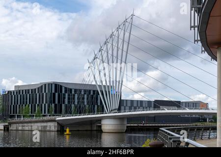 Salford, UK - 23rd September 2019: ITV buildings, MediaCityUK at Salford Quays near Manchester. ITV film, produce, edit and broadcast from here. Swing Stock Photo