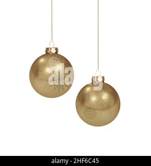 Shiny golden Christmas balls on ribbon,  isolated on white background Stock Photo