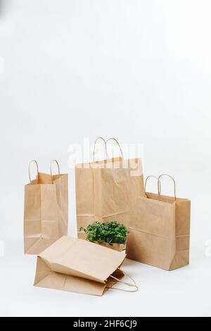 Empty brown paper bags and plant bed arranged in a composition over white background. One is laying flat on it's side. Eco friendly compostable object Stock Photo
