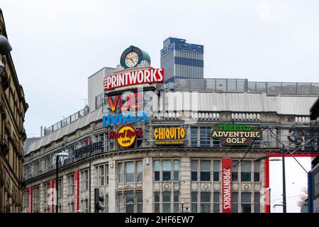 Manchester, UK - 22nd September 2019: Exterior façade of The Printworks entertainment complex. Previously Withy Grove Printing House, now a buzzing ur Stock Photo