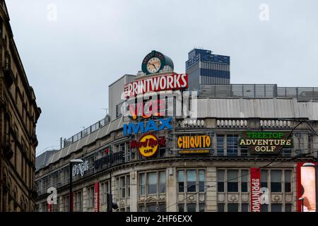 Manchester, UK - 22nd September 2019: Exterior façade of The Printworks entertainment complex. Previously Withy Grove Printing House, now a buzzing ur Stock Photo