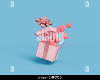 open gift box with hearts coming out of it. valentine's day, celebration, birthday and love concept. 3d rendering Stock Photo
