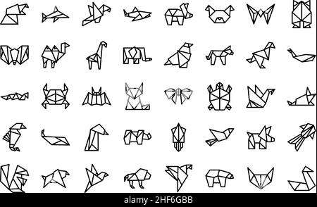 Origami animals icons set outline vector. Paper fish. Polygon crab Stock Vector