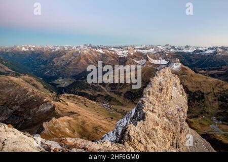 Alpine mountain landscape with snow-capped mountains after sunset. View from Widderstein to Warth and Hochtannbergpass. Tyrol,  Vorarlberg,  Austria,  Europe Stock Photo